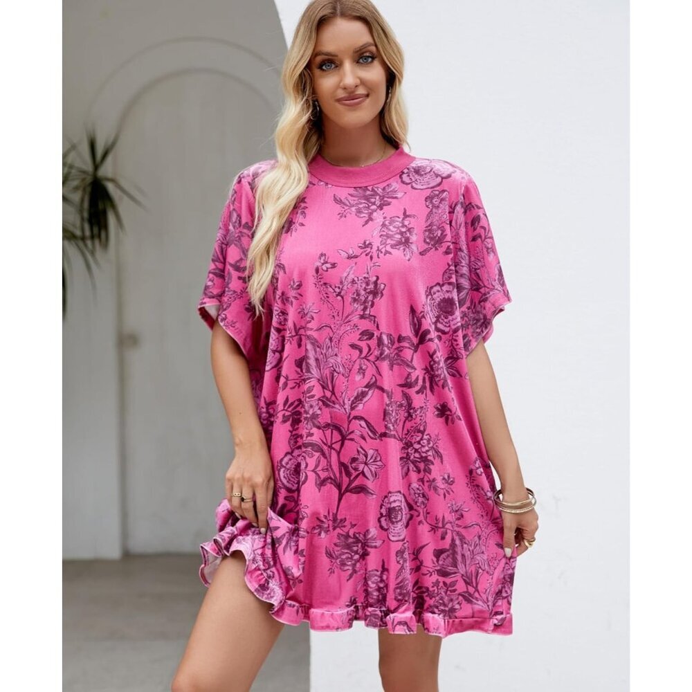 Women's Rose Vintage Velvet Dress Mini Floral Printed Short Sleeve - Picture 4 of 7